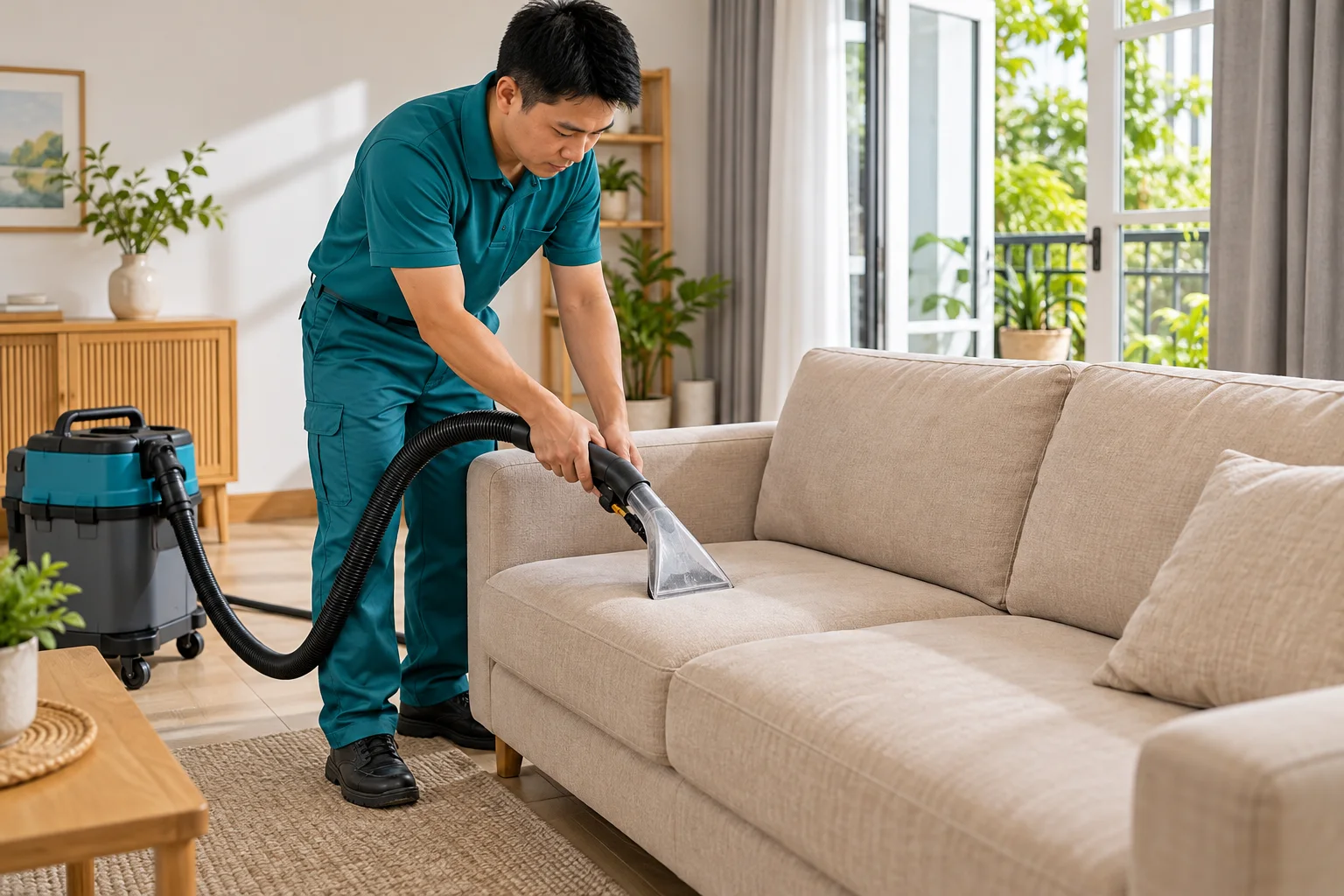 Minh họa giặt sofa tại Di Linh: làm sạch ghế vải bằng thiết bị phun hút