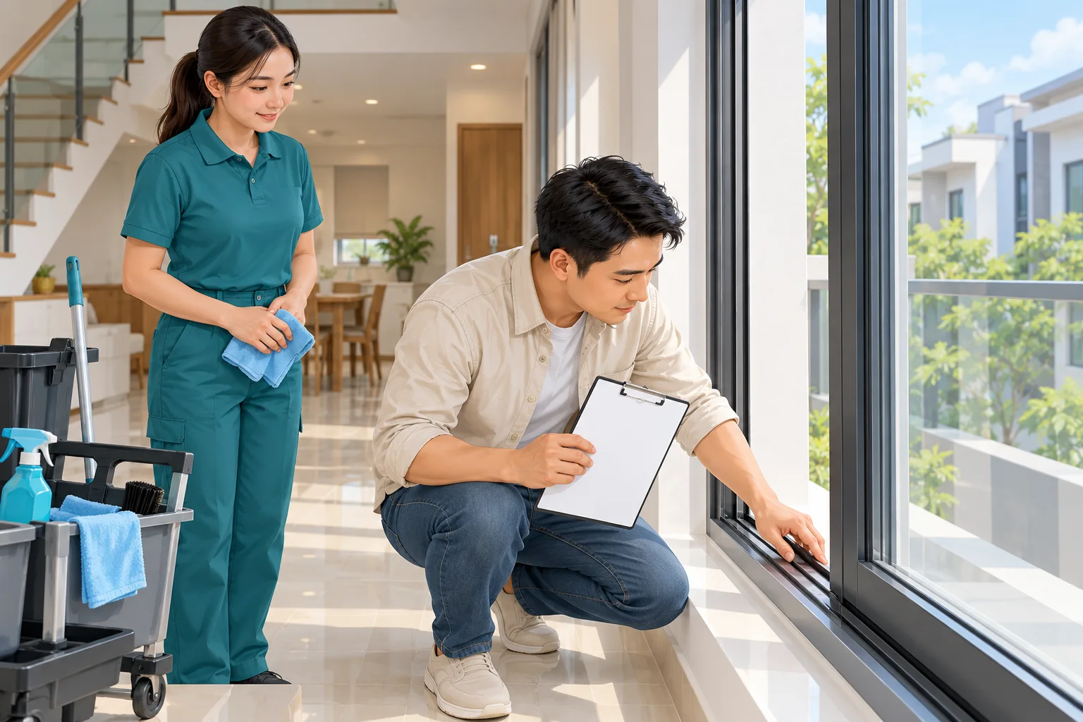 Minh họa nghiệm thu vệ sinh sau xây dựng: kiểm tra rãnh cửa kính