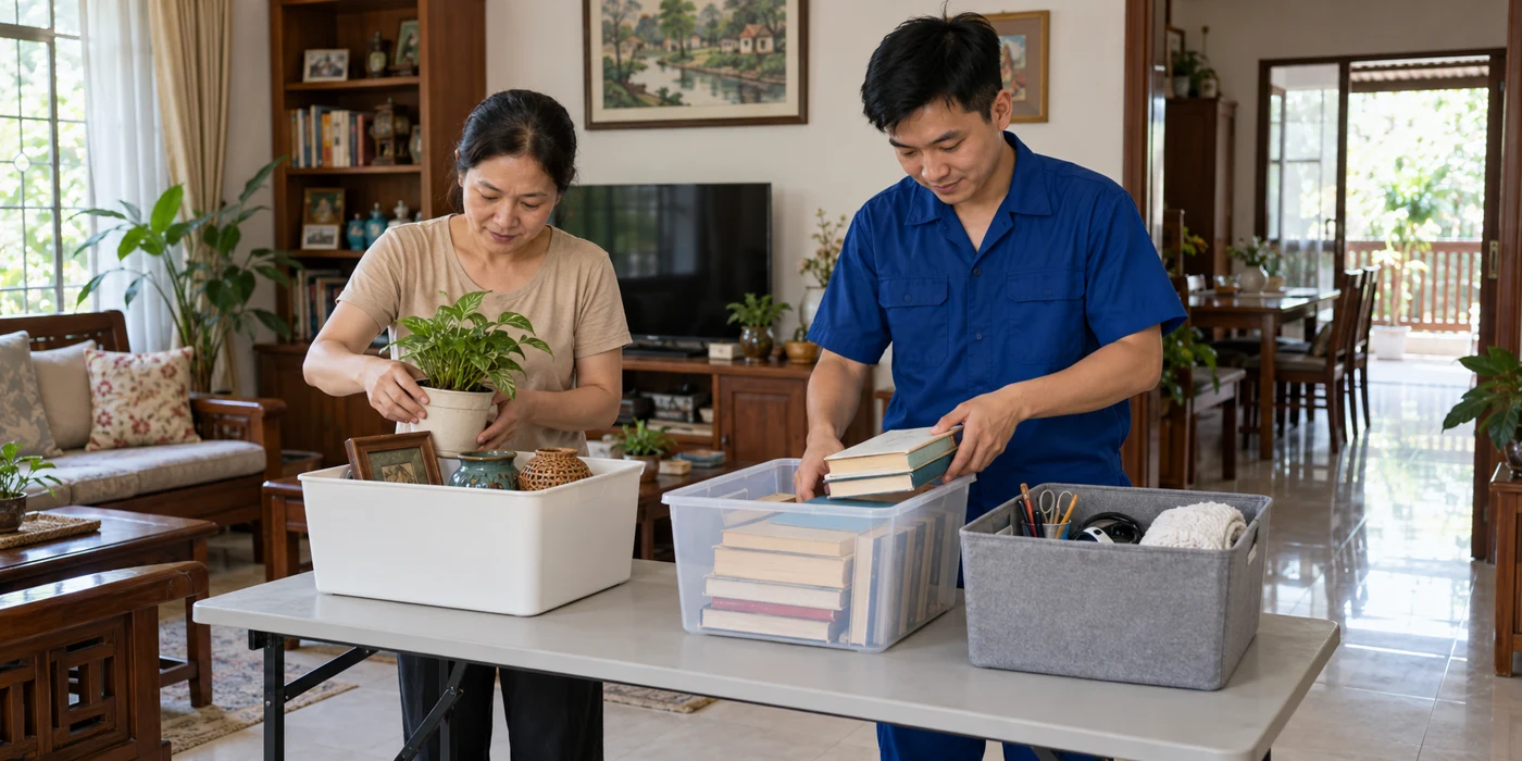 Chủ nhà và nhân viên phân loại đồ vào hộp trước khi vệ sinh nhà có nhiều đồ