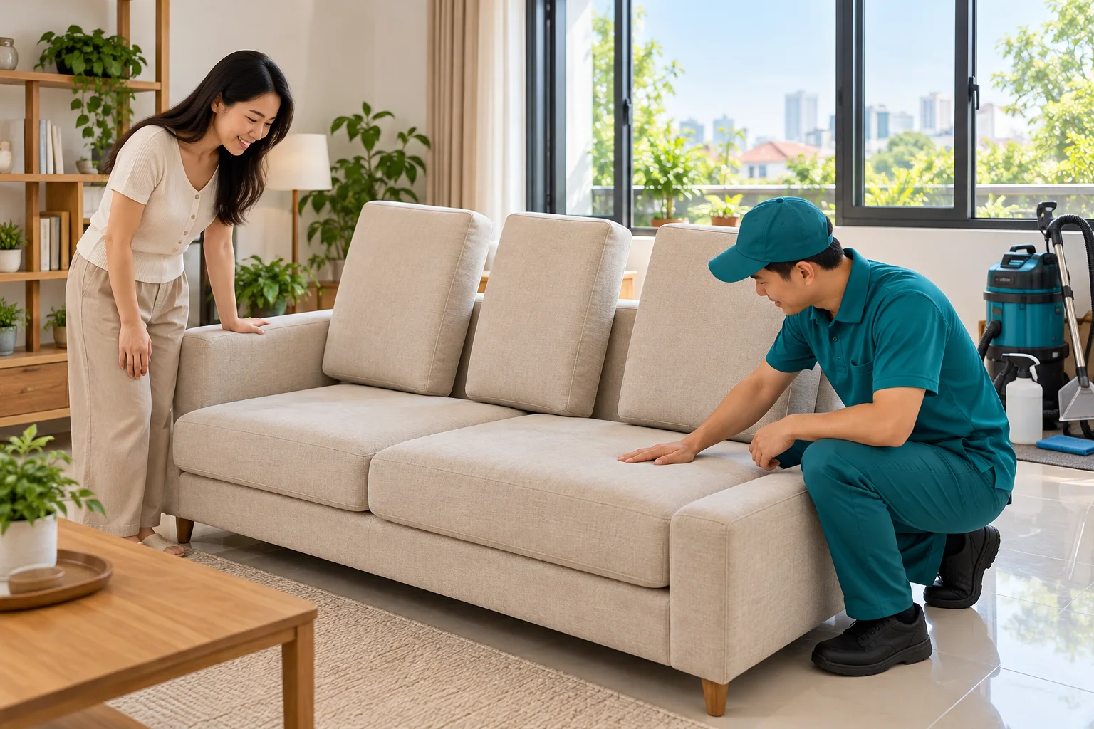 Minh họa sofa sau khi giặt bao lâu dùng được: kiểm tra ghế và bố trí thông thoáng