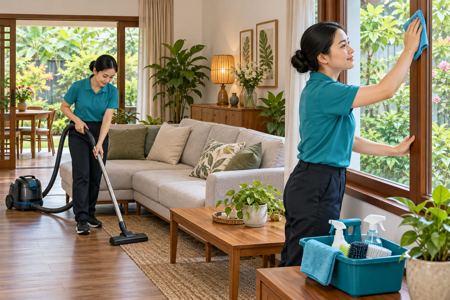 Minh họa vệ sinh nhà ở Đà Lạt: lau cửa kính và hút bụi phòng khách