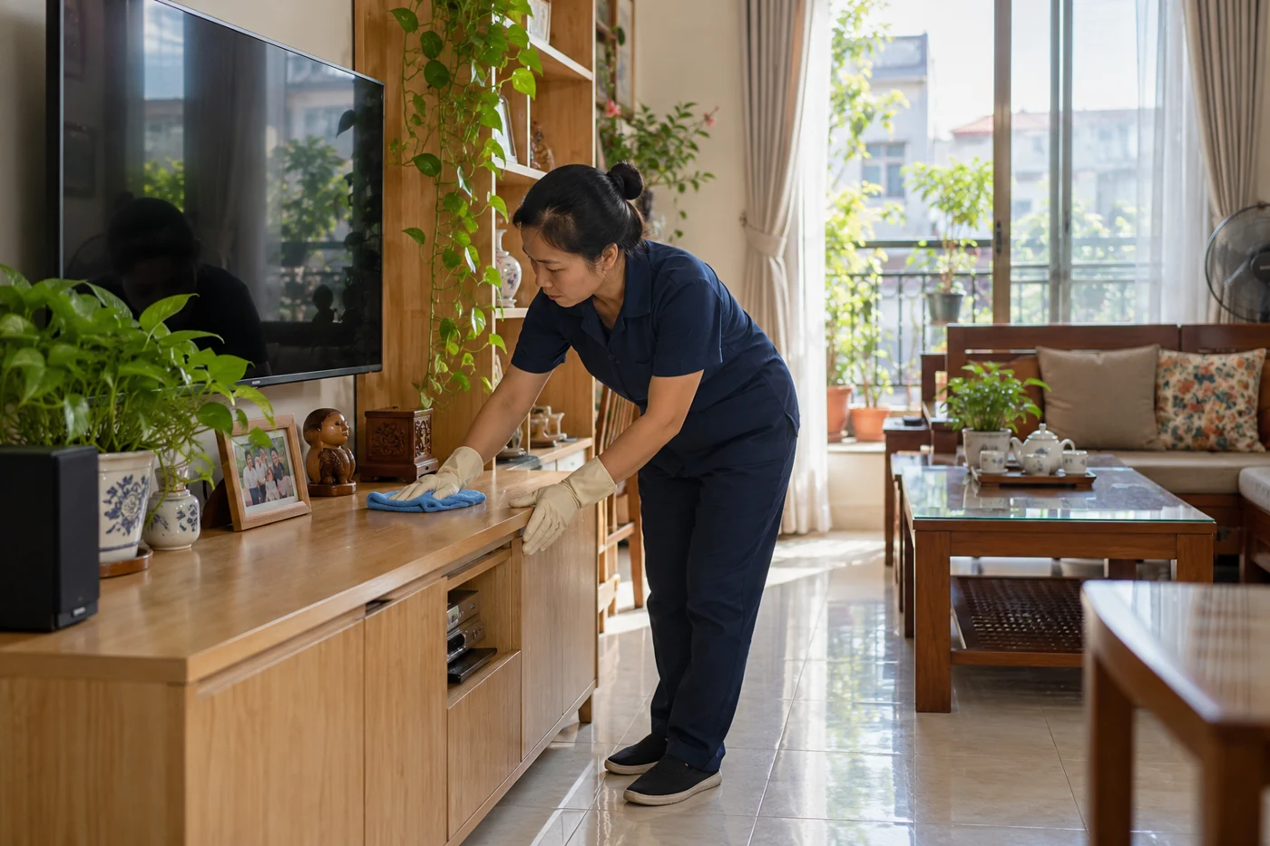 Minh họa nhân viên lau kệ phòng khách trong dịch vụ vệ sinh Đơn Dương