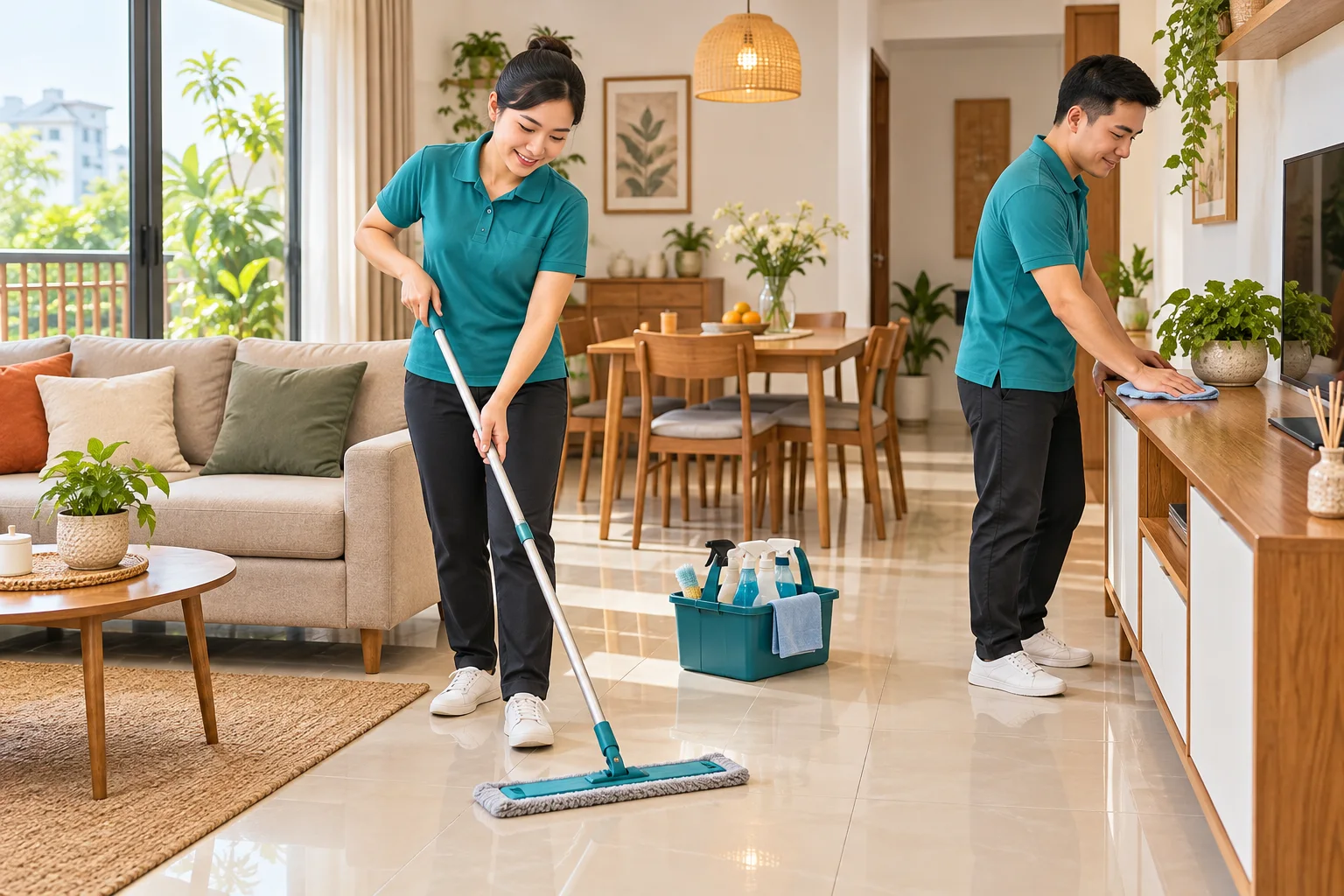 Minh họa vệ sinh nhà ở Đức Trọng: lau sàn và làm sạch kệ trong phòng khách