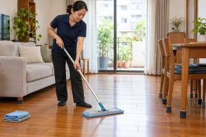 Nhân viên lau sàn gỗ bằng cây lau phẳng và khăn mềm
