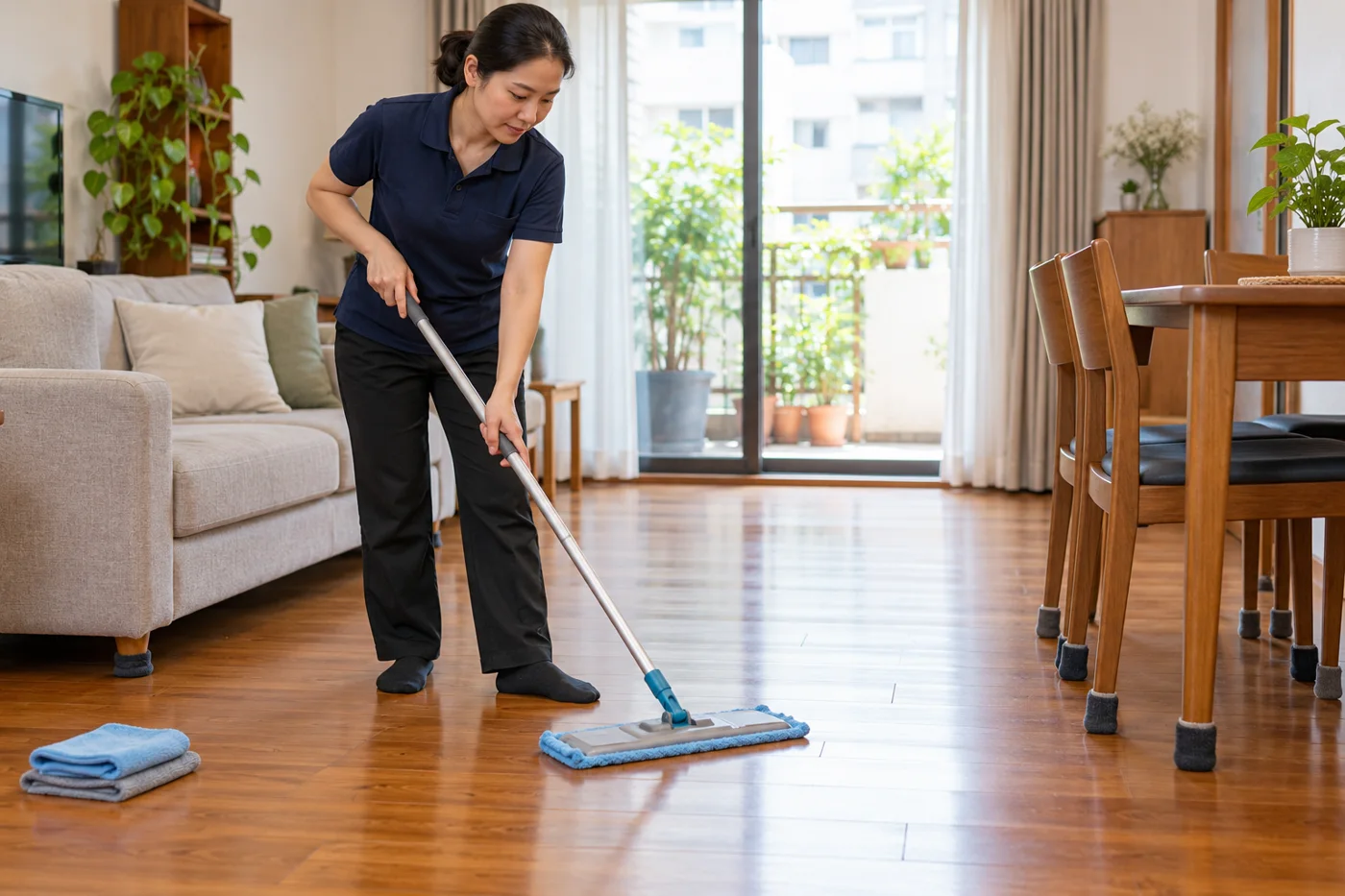 Nhân viên lau sàn gỗ bằng cây lau phẳng và khăn mềm
