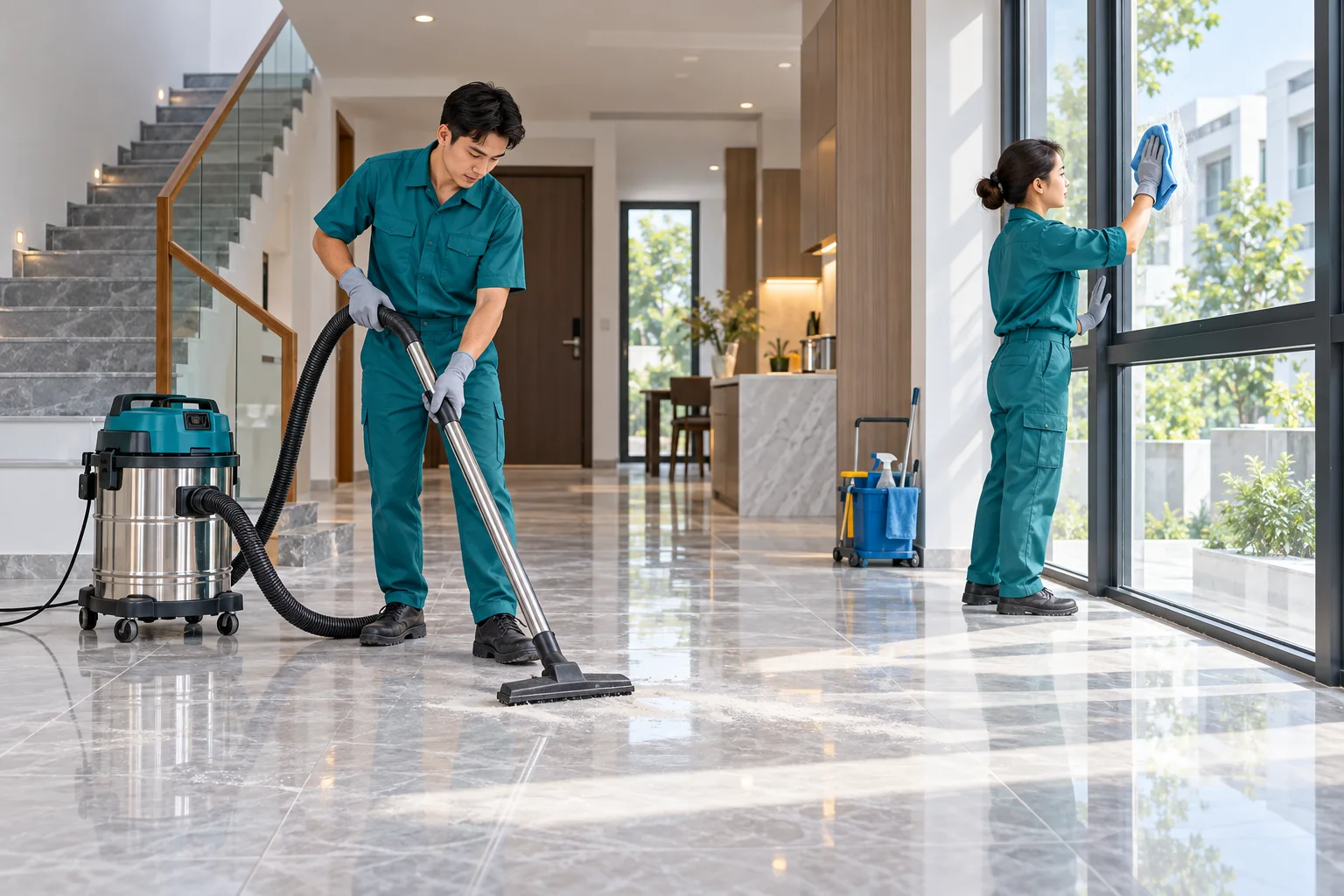 Minh họa hút bụi sàn và lau kính trong nhà sau xây dựng